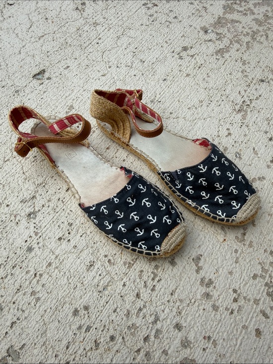 Sperry Shoes - Sperry Black Anchor Print Espadrille Wedges with Red Stripe Ankle Strap